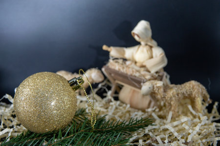 Christmas nativity scene with three Wise Men presenting gifts to baby Jesus, Mary Josephの写真素材