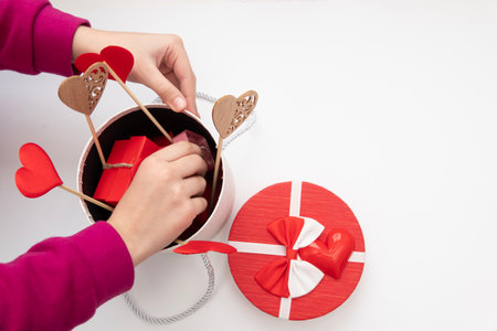 Valentines day red heart and box. Holidays valentine card with copy space.の写真素材