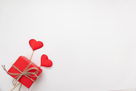 Valentines day red heart and box. Holidays valentine card with copy space.の写真素材