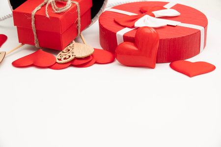 Valentines day red heart and box. Holidays valentine card with copy space.の写真素材