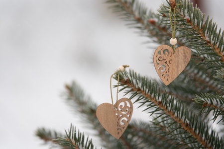 Decorative heart shape ornament in a Christmas treeの写真素材