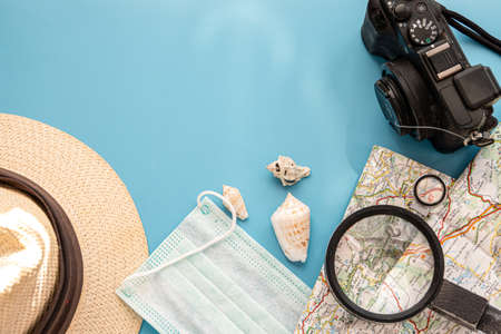 Outfit of traveler, student, teenager, young woman or guy. Overhead of essentials for modern young person. Different objects.の写真素材