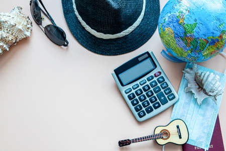 Outfit of traveler, student, teenager, young woman or guy. Overhead of essentials for modern young person. Different objects.の写真素材