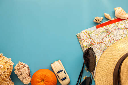 Outfit of traveler, student, teenager, young woman or guy. Overhead of essentials for modern young...