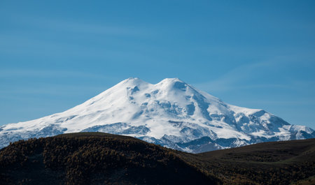 Elbrus And Green Hills At Sunny Summer Day. Elbrus Region, North Caucasusの写真素材