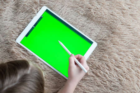 Girl digital artist draws with a stylus on a tablet or laptop. She is a student and is studying drawing.の写真素材