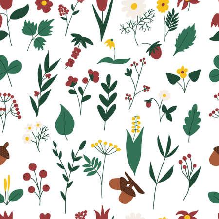 Set of vector drawing herbs leaf and flowers, vector illustrationのイラスト素材