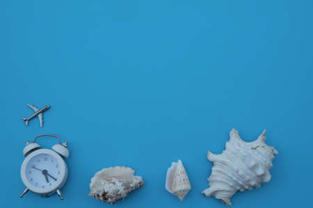 Wood Blocks on Light Blue Table with Sea Shells, Starfish, Beach Hat and Slippers for Summer Saleの写真素材
