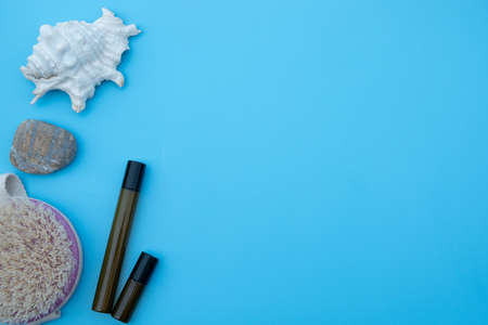Spa treatment concept, flat lay composition with natural cosmetic products and massage brush, view...