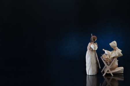 Christmas nativity scene with three Wise Men presenting gifts to baby Jesus, Mary Josephの写真素材