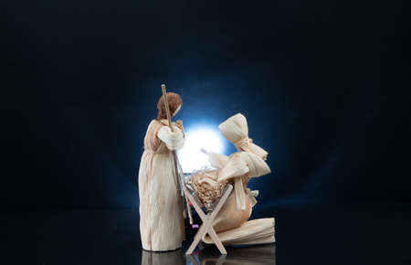 Christmas nativity scene with three Wise Men presenting gifts to baby Jesus, Mary Josephの写真素材
