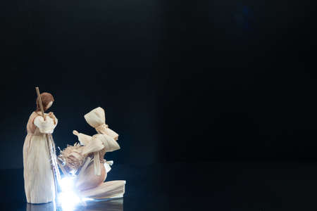 Christmas nativity scene with three Wise Men presenting gifts to baby Jesus, Mary Josephの写真素材