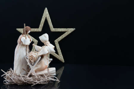 Christmas nativity scene with three Wise Men presenting gifts to baby Jesus, Mary Josephの写真素材