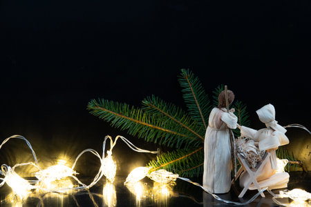 Christmas nativity scene with three Wise Men presenting gifts to baby Jesus, Mary Josephの写真素材