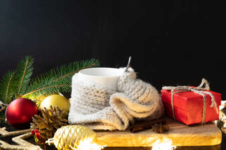 Happy New Year card christmas tree on wooden backgroundの写真素材