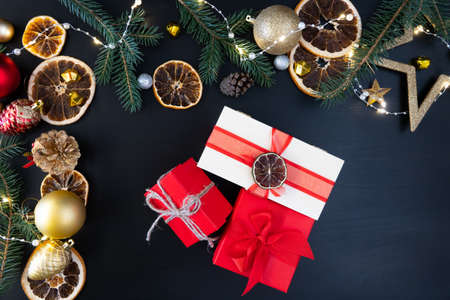 Happy New Year card with snow on wooden backgroundの写真素材