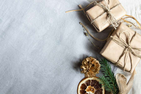 Christmas place setting with ribbon and christmas decorationsの写真素材