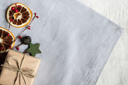 Christmas place setting with ribbon and christmas decorations