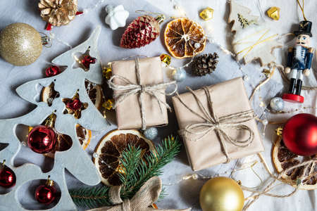 Christmas place setting with ribbon and christmas decorationsの写真素材