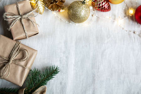 Christmas place setting with ribbon and christmas decorationsの写真素材