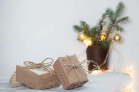 Christmas place setting with ribbon and christmas decorationsの写真素材