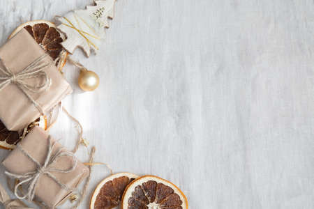 Christmas place setting with ribbon and christmas decorationsの写真素材