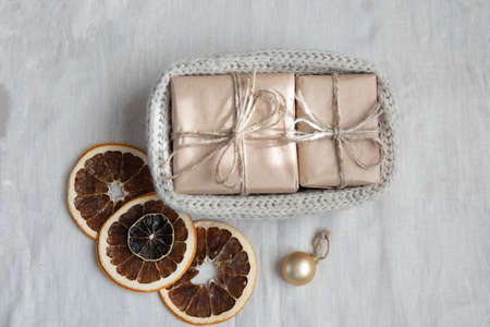 Christmas place setting with ribbon and christmas decorations