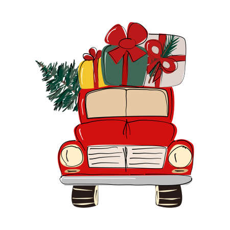 New Year Poster With car and presetns, Merry Christmas, Xmas, Objects, Festive, Celebrationsのイラスト素材