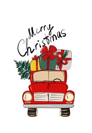 New Year Poster With car Lettering, Merry Christmas, Xmas, Objects, Festive, Celebrationsのイラスト素材