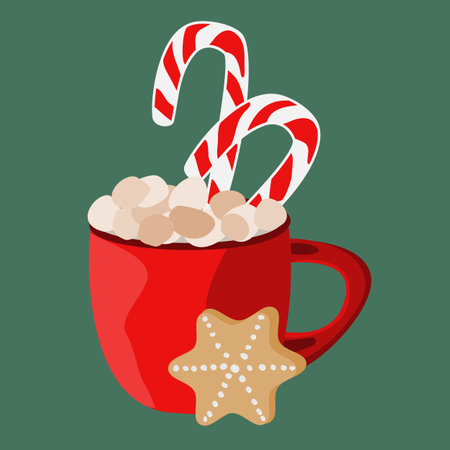 Red cup of coffee with a Marshmallows, lollipop. Christmas and New Year card, handmade vector illustration.のイラスト素材