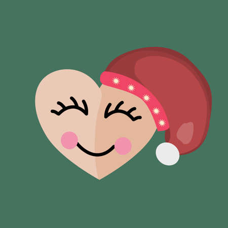 Vector icon of heart in New Years hat. Heart icon with a smile and eyes in a New Years hat. Icon of cute heart isolated on green background. Red heart on a green background.のイラスト素材