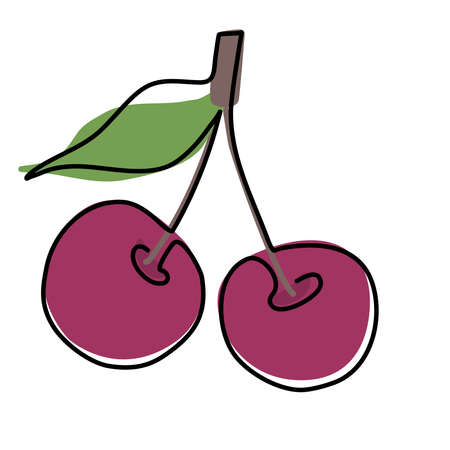 Cherry fruits in continuous drawing style. Abstract minimalistic style. Drawing the fruit with one line. Cherry outline with color. Drawing with a single line.のイラスト素材