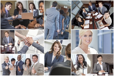 Montage of happy successful men & women, businessmen & businesswomen team colleagues in meeting, offices, using laptop or tablet computers, business travelling, working on the phone and thumbs upの写真素材