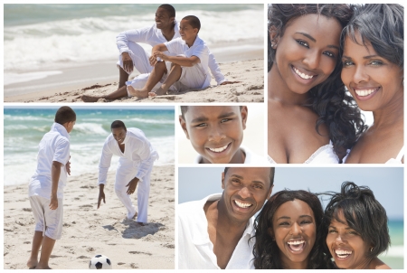 An attractive African American family of mother, father, two sons and daughter outside active at the beach having fun in summer sunshine, playing, smiling, laughingの写真素材