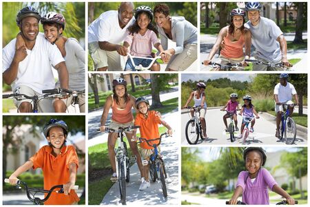 Montage of fit, happy and healthy African American family bike riding togetherの写真素材