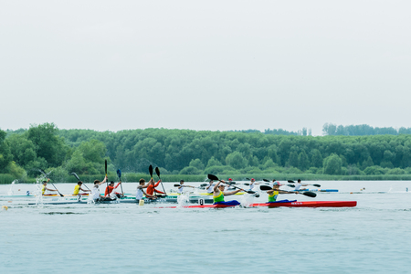 Chelyabisk, Russia - June 25, 2015: kayakers competing during the Championship in rowing, kayaking and Canoeing, Chelyabisk, Russia - June 25, 2015のeditorial素材