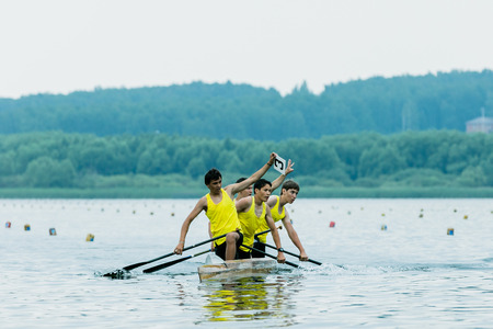 Chelyabisk, Russia - June 25, 2015: kayakers competing during the Championship in rowing, kayaking...
