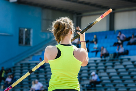 Chelyabinsk, Russia - July 24, 2015:  pole vault girl is preparing for the attempt during National competitions in memory of G. I. Nicewhen athletics, Chelyabinsk, Russia - July 24, 2015のeditorial素材