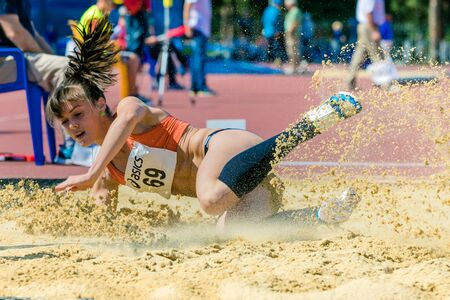 Chelyabinsk, Russia - July 24, 2015: long jump girls during National competitions in memory of G. I. Nicewhen athletics, Chelyabinsk, Russia - July 24, 2015のeditorial素材
