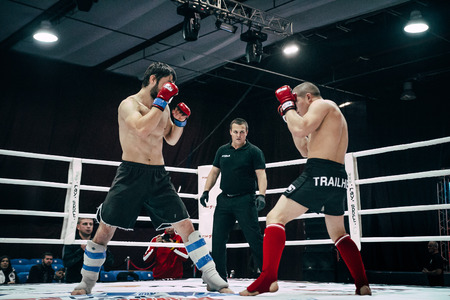 Volgograd, Russia - October 24, 2015: two athletes are in fighting poses on ring during Championship of Russia on mixed martial artsのeditorial素材