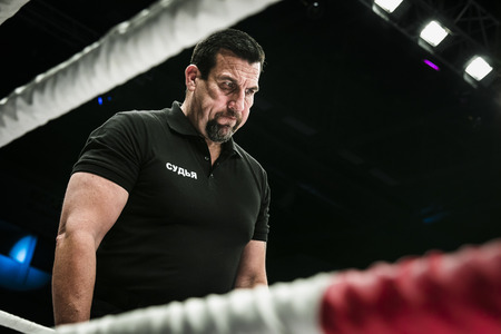Chelyabinsk, Russia - December 5, 2015: referee John McCarthy in ring closeup during Cup of Russia...