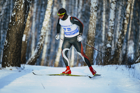 Chelyabinsk, Russia -  December 19, 2015: male skiers race classic style in birch forest in winter during Championship of Chelyabinsk in cross-country skiingのeditorial素材