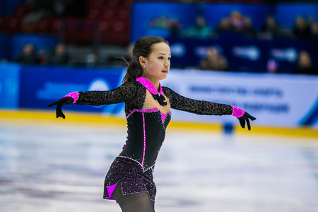 Chelyabinsk, Russia -  January 21, 2016: closeup young skater performance on ice during Championship of Russia figure skating juniorsのeditorial素材