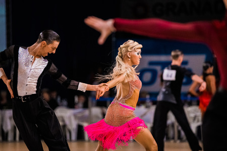 Chelyabinsk, Russia -  April 10, 2016: pair of professional dancers performance at ballroom dance during Cup of Governor Chelyabinsk region sports danceのeditorial素材