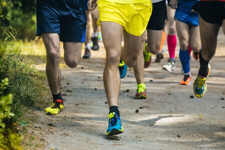 legs running athletes along a forest trail during marathonの写真素材