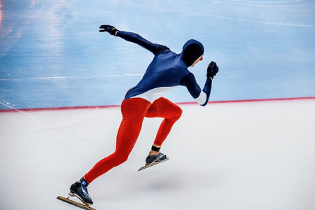 Chelyabinsk, Russia - August 25, 2016: fast start male skater to sprint during Summer Cup in speed skatingのeditorial素材
