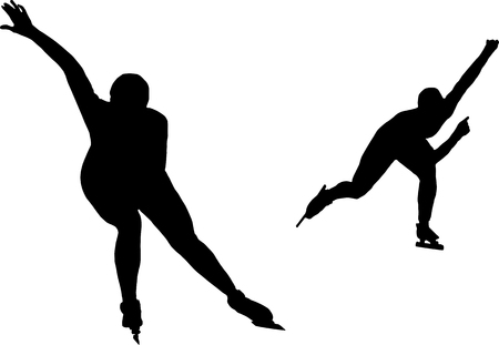 two women speed skaters black silhouette on white backgroundのイラスト素材