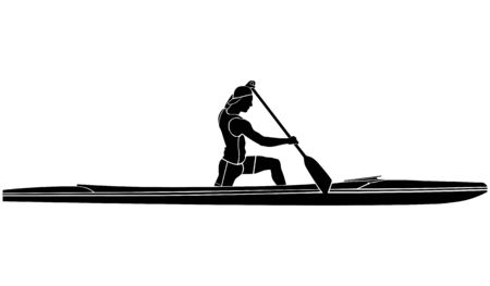 black and white silhouette athlete sports canoe with paddleのイラスト素材