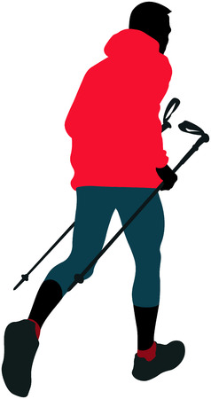 male runner with trekking poles running mountain trailのイラスト素材