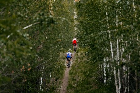 back two cyclist on mountainbike riding forest hill trailの写真素材